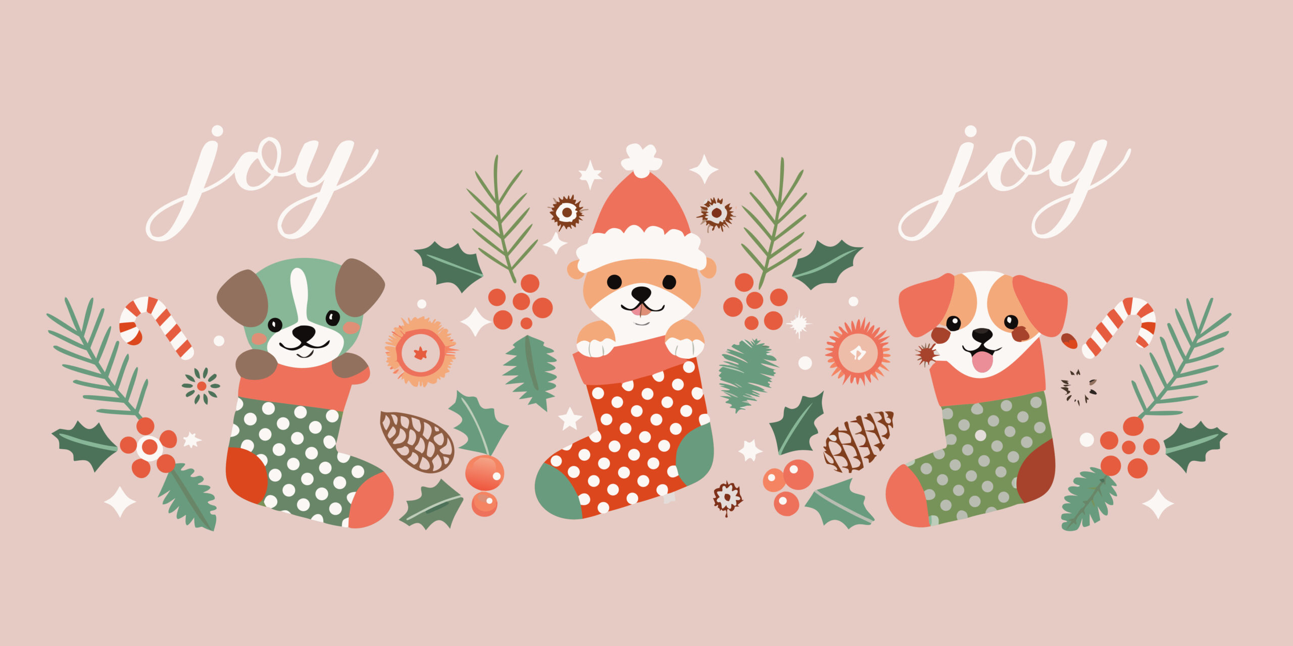 Festive christmas illustration with cute dogs in stockings and holiday decorations
